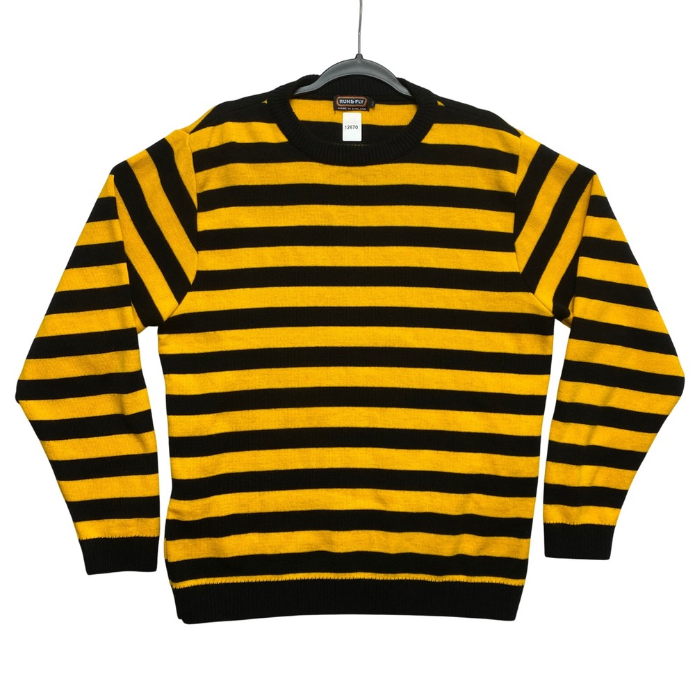Run & Fly Sweater Mens 2XL Yellow Black Striped Retro Indie Crew Neck Pullover